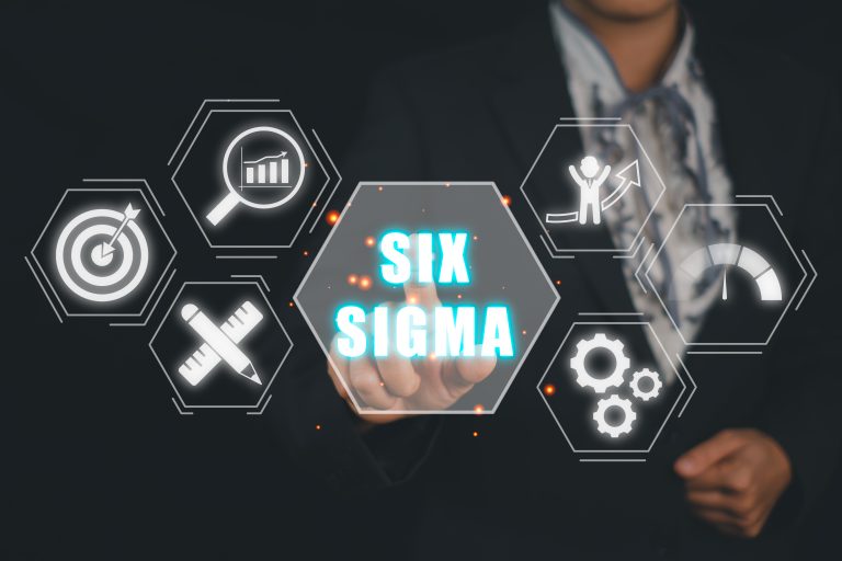 Koncepcja Six Sigma Ręka osoby biznesowej dotyka ikony Six Sigma na wirtualnym ekranie