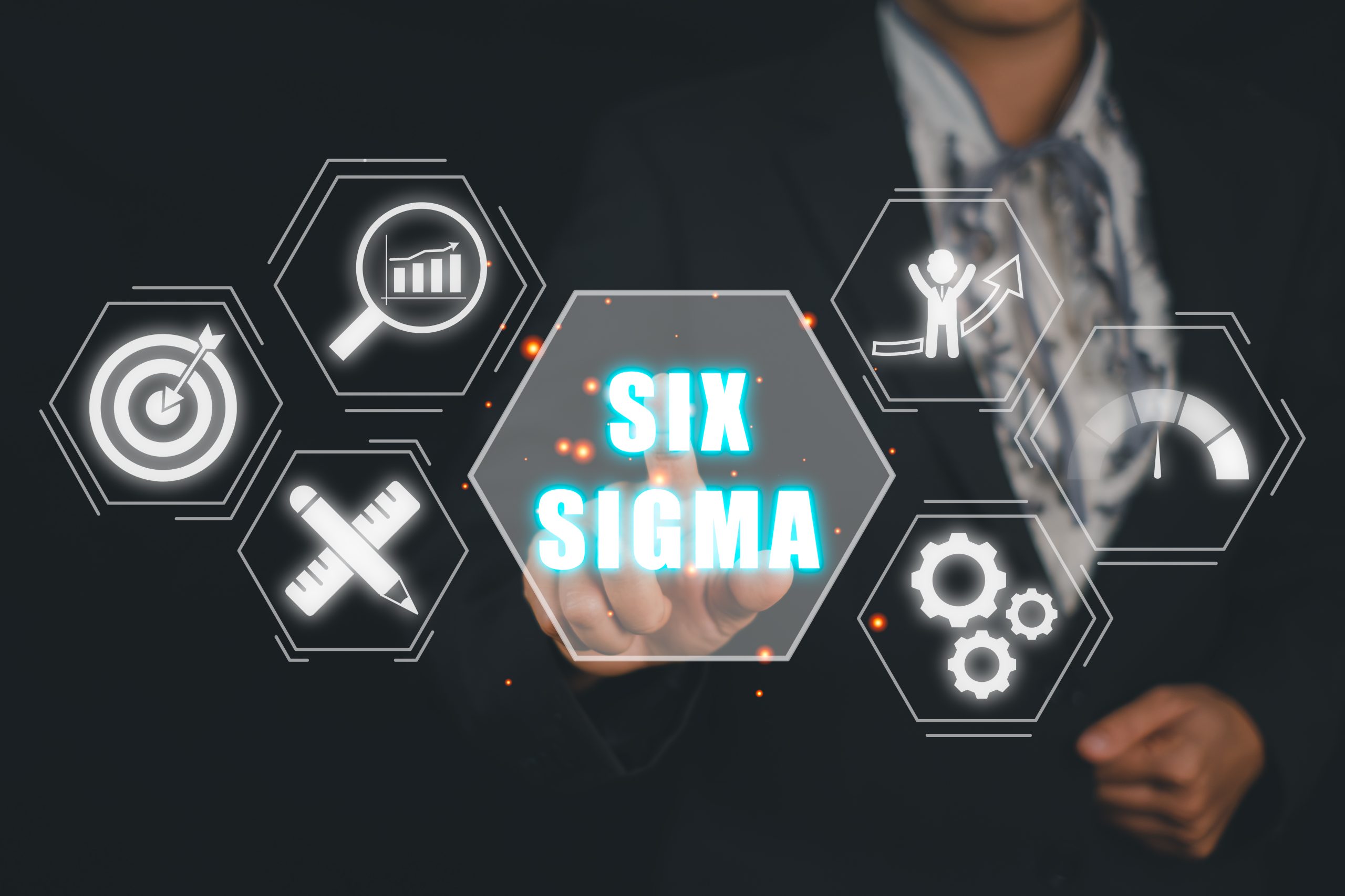 Koncepcja Six Sigma Ręka osoby biznesowej dotyka ikony Six Sigma na wirtualnym ekranie