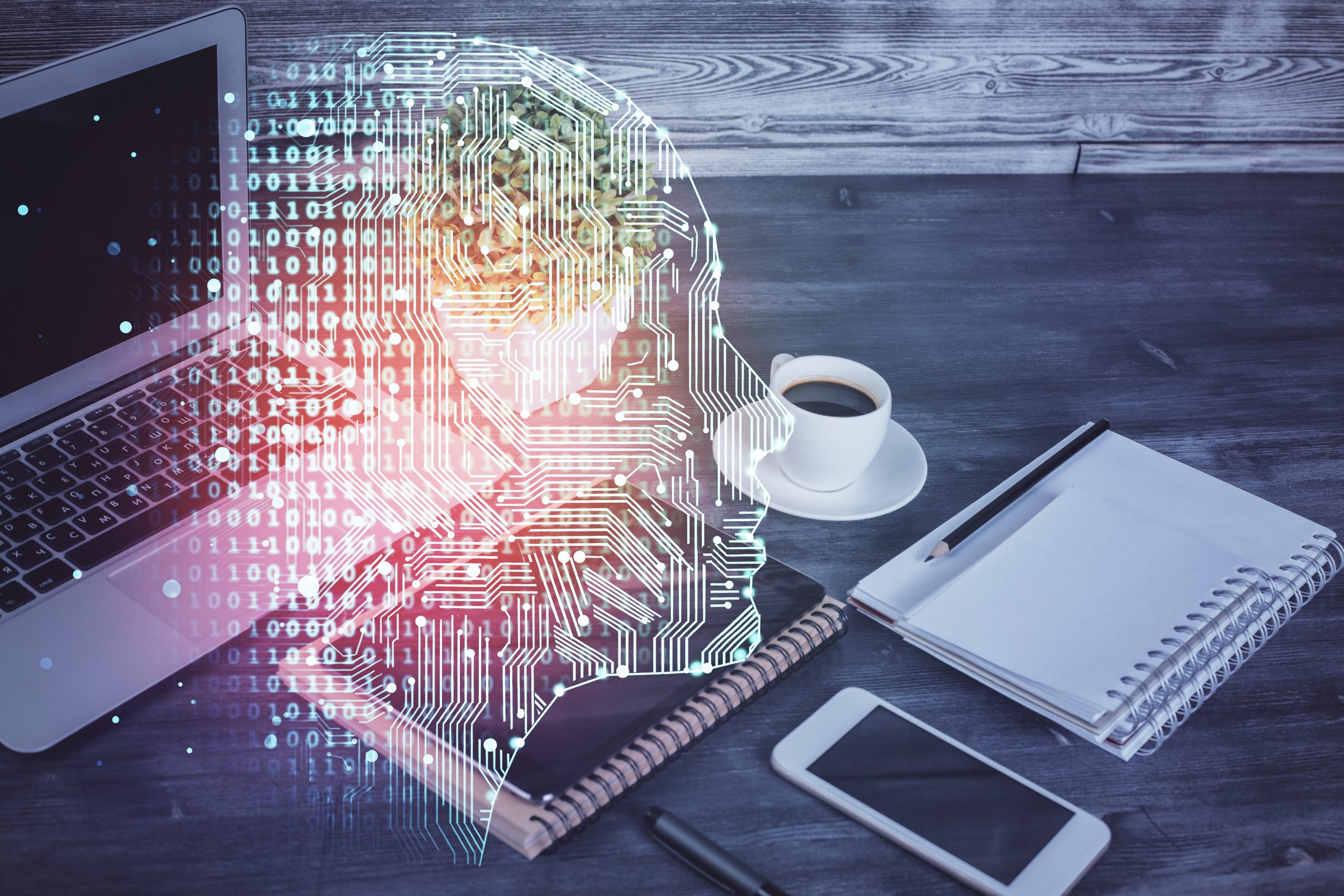 Podwójna ekspozycja rysunku motywu mózgu i tła telefonu komórkowego Pojęcie informacji